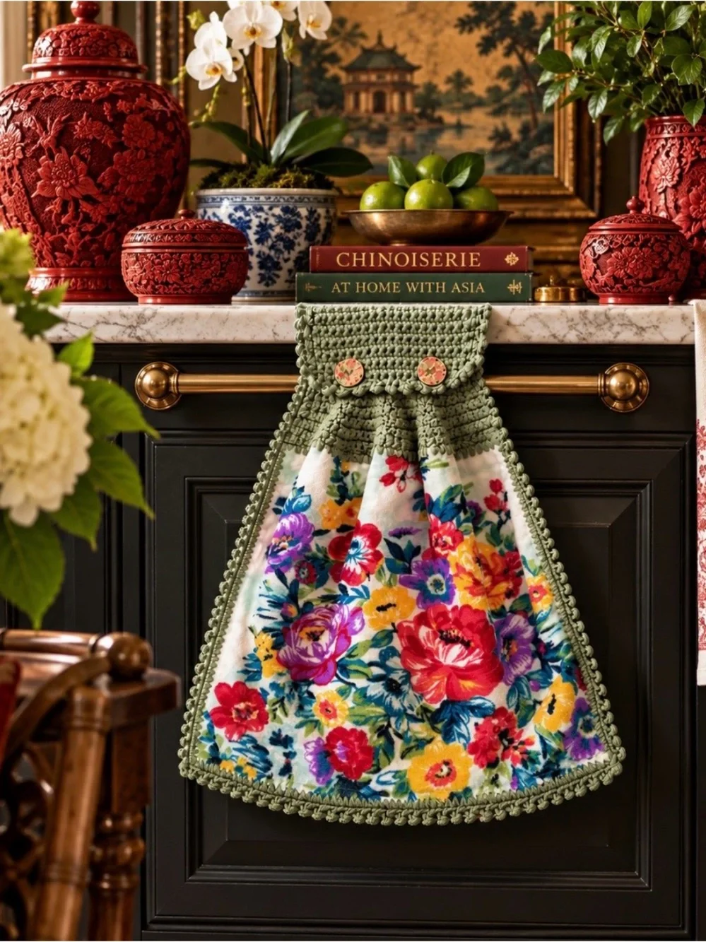Pioneer Woman Floral Sage Green Crochet Hanging Kitchen Towel